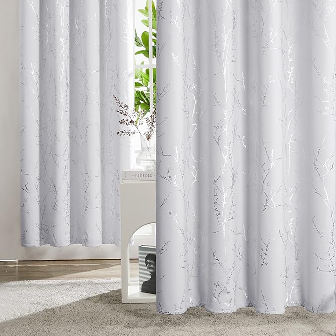 Deconovo Greyish White Curtains, Room Darkening Curtain, Thermal Insulated Soundproof Drapes, Silver Branch Print, 42 x 54 Inch Long, Grommet Window Panels for Living Room Bedroom Kitchen, Set of 2