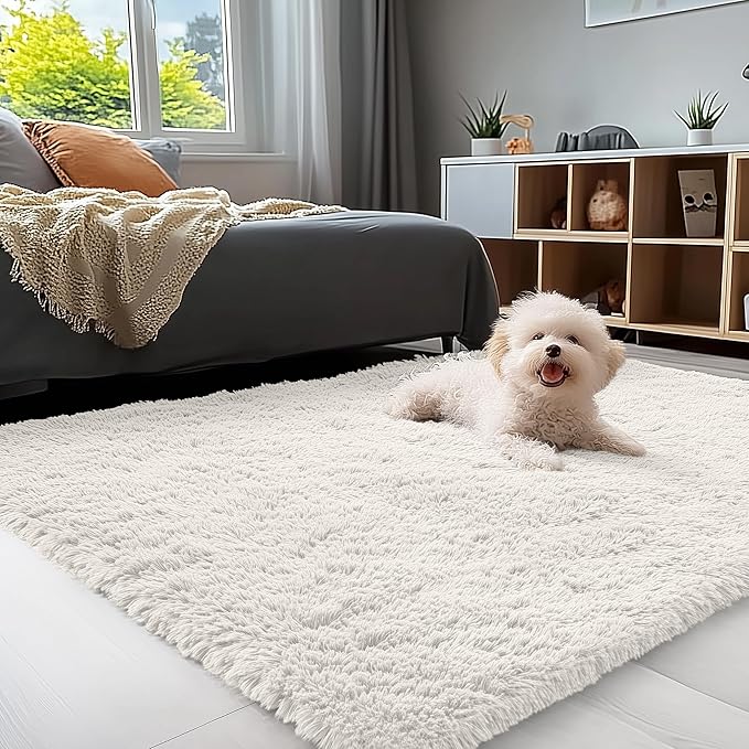 OLANLY 4x10 Area Rugs for Living Room Bedroom, Machine Washable Soft Fluffy Shaggy Bedside Rug, Indoor Floor Carpet for Kids Girls and Boys, Dorms, Nursery Rooms, Home Decor Aesthetic, Ivory