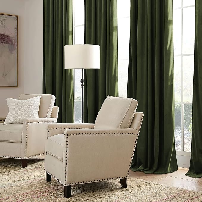RYB HOME Green Velvet Curtains 102 inches with Hook Belt, Soft Fabric Room Darkening Thermal Insulated Luxurious Home Decor Curtains for Living Room Bedroom, W 52" x L 102", 2 Panels Set