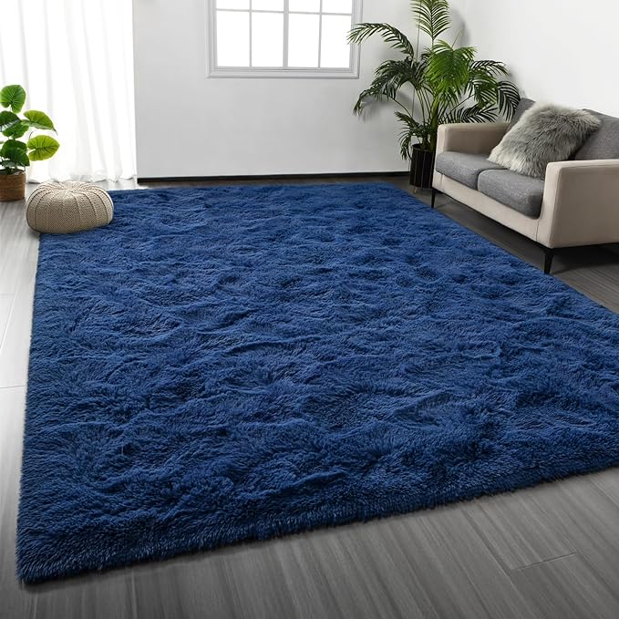 Deerhoo Large Shag Area Rugs 8 x 10, Plush Fuzzy Rugs for Living Room, Ultra Soft Fluffy Furry Rug for Bedroom, Indoor Carpet Nursery Rugs for Kids Room Home Decor,Navy Blue