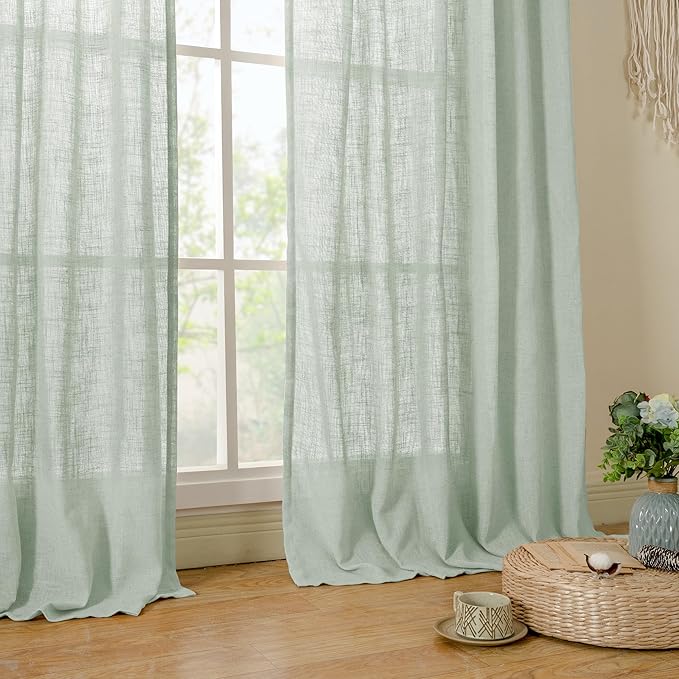 LAMIT Light Sage Linen Curtains 72 inch Length for Bedroom, Faux Linen Textured Light Filtering Drapes Back Tab and Rod Pocket Boho Panels for Farmhouse/Living Room, 2 Panels, 52 x 72 Inch