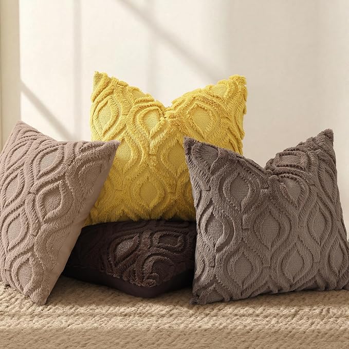 decorUhome Throw Pillow Covers 16x16 Inch Set of 2, Soft Plush Faux Wool Light Brown Solid Couch Pillow Covers, Accent Farmhouse Neutral Square Pillow Cases for Sofa Bed Living Room