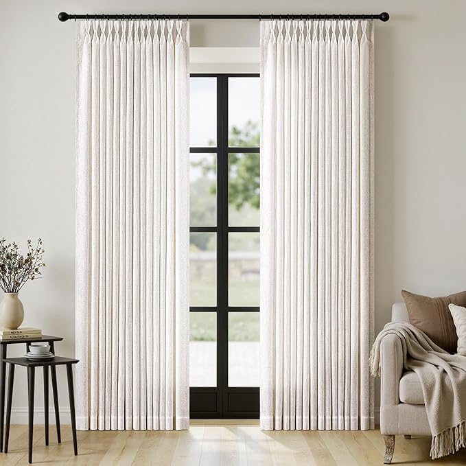 MIULEE Pinch Pleated Thick Linen Curtains 90 Inches Long 2 Panels for Living Room Bedroom, Memory Trained Pinch Pleat Drapes Back Tab Light Filtering Natural Ivory Cream Window Curtains with Hooks