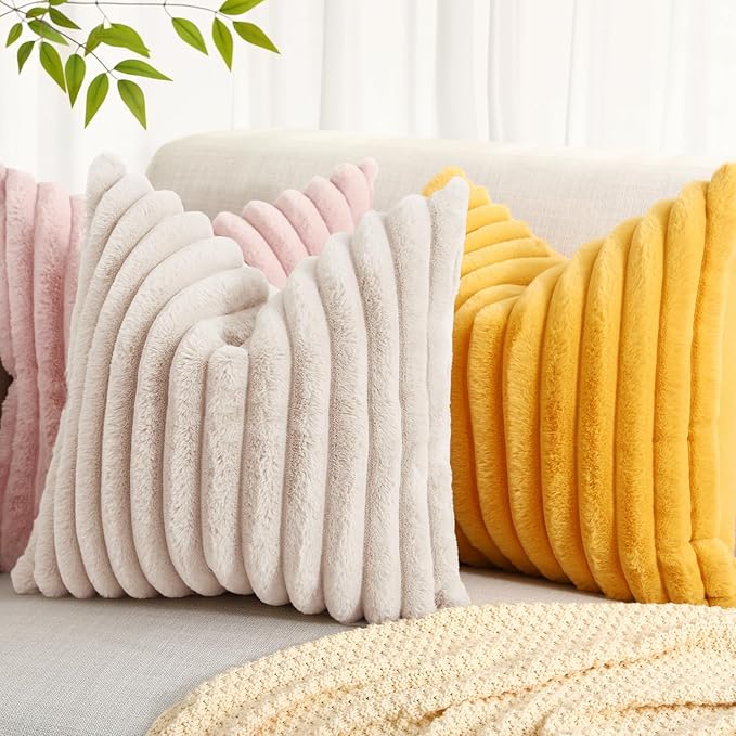 decorUhome Summer Cozy Faux Fur Throw Pillow Covers 26x26 Set of 2 Decorative Soft Plush Striped Modern Farmhouse Boho Couch Euro Sham Pillow Cases with Velvet Back for Sofa Bed Living Room, Beige