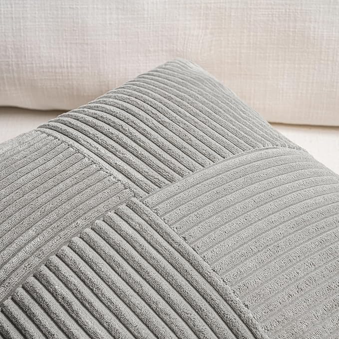 Fancy Homi 2 Packs Grey Lumbar Decorative Throw Pillow Covers 16x28 Inch for Living Room Couch Bed Sofa, Rustic Farmhouse Boho Home Decor, Soft Striped Corduroy Rectangle Accent Cushion Case 40x70 cm