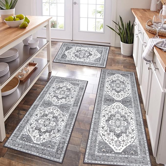 HEBE Boho Kitchen Rug Sets 3 Piece with Runner Non Slip Kitchen Rugs and Mats Washable Kitchen Mats for Floor Thick Kitchen Floor Mat Carpet Runner Rugs for Hallway Laundry Holiday Decor