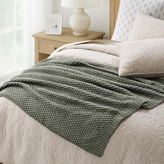 EVERGRACEHOME Chunky Chenille Knit Throw Blanket for Couch, Soft Luxurious Moss Stitch Blankets for Bed, Cozy Decorative Farmhouse Knitted Throws for Sofa, Dried Thyme Green, 50" x 60"