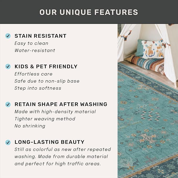 Hazo Haus Boho 2x7 Long Non Slip Kitchen Rug Runner - Teal Washable Rug for Bathroom, Hallway, Door Mats Indoor Entrance,Non Slip with Rubber Backing, Vintage Floral Indoor Décor