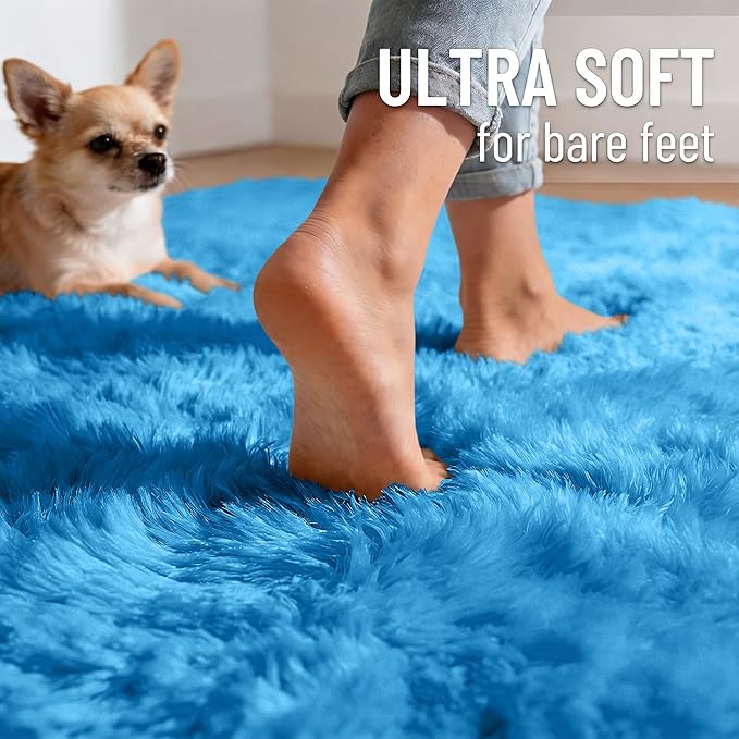 OLANLY Area Rugs for Living Room Bedroom, Machine Washable 4x5.9 ft Soft Fluffy Shaggy Bedside Rug, Indoor Floor Carpet for Kids Girls and Boys, Dorms, Nursery Rooms, Home Decor Aesthetic, Bright Blue