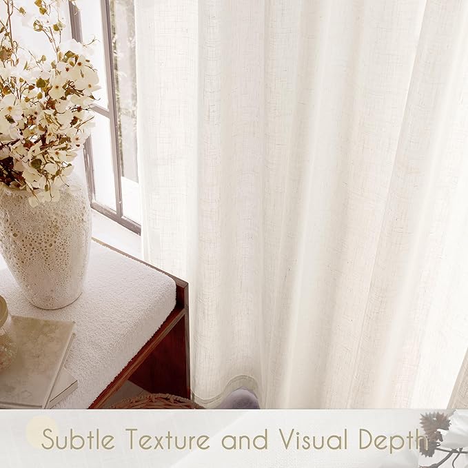 Natural Semi Sheer Linen Curtain 90 inch Length 2 Panels Set Back Tab Light Filtering Living Room Curtain Drapes Home Office Modern Minimalist Decor Farmhouse Boho Neutral Cream Curtain 90 inches Long