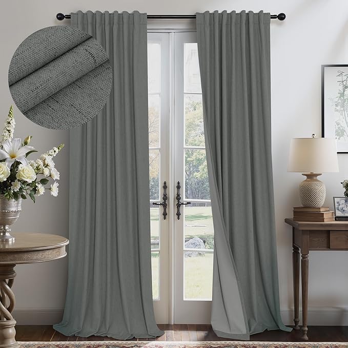 Grey Blackout Curtains for Bedroom 84 Inch Length 2 Panel Linen Textured Thermal Insulated Winter Blocking Darkening Window Drape Black Out Long Curtain for Living Room Sliding Door Back Tab Dark Gray