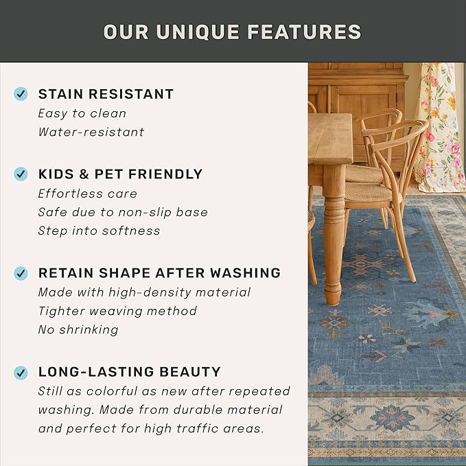 Washable 5x7 Blue Rugs for Kids Room, Boho 5 x 7 Nursery Rug Boys, Colorful Eclectic Low-Pile Carpet for Bedroom, Dining Table, Non-Slip with Rubber Back