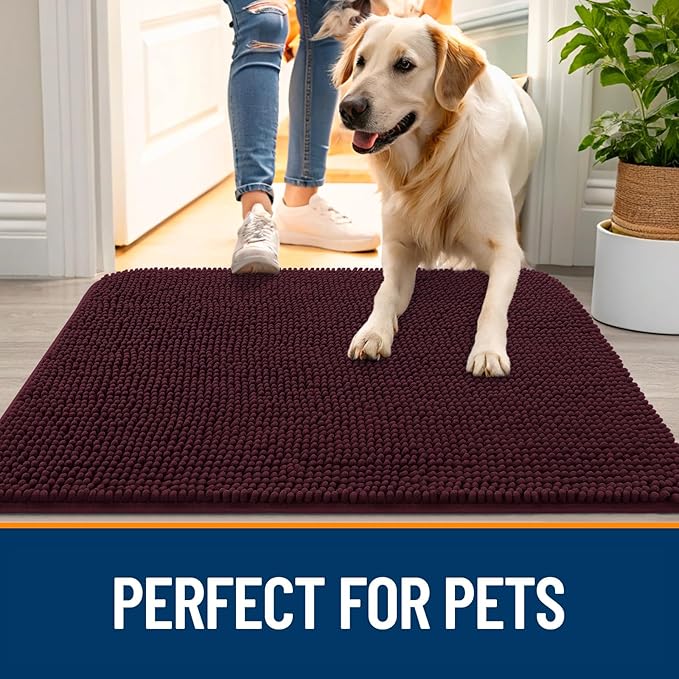 OLANLY Dog Door Mat for Muddy Paws 59x24, Absorbs Moisture and Dirt, Absorbent Non-Slip Washable Doormat, Quick Dry Chenille Mud Mat for Dogs, Entry Indoor Entryway Carpet for Inside Floor, Russet