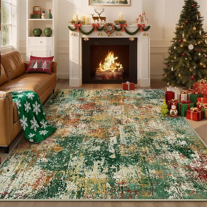 Washable Area Rugs 5'x8' Non-Slip Modern Abstract Soft for Living Room Entryway Bedroom Nursery, Print Pattern, Green Orange Rust Red Cream Colorful