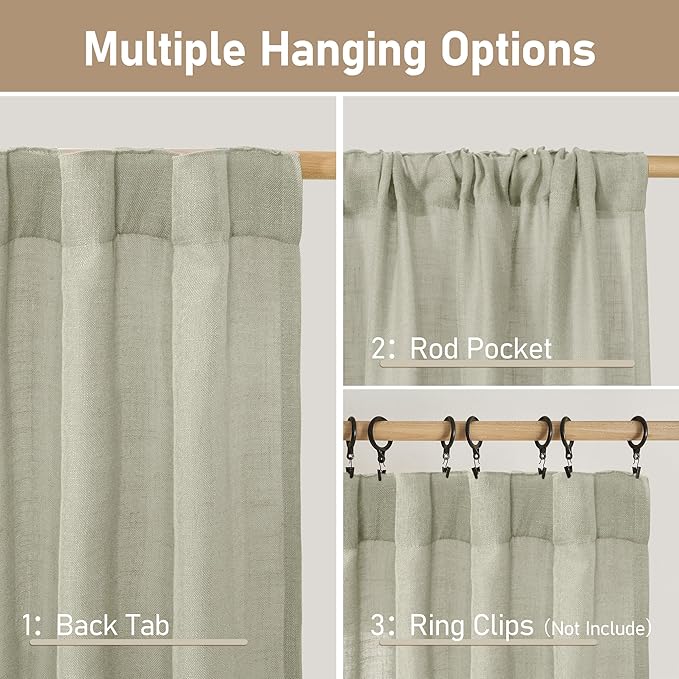 LAMIT Sage Grey 72 inch Linen Curtains for Living Room 2 Panels, Linen Textured Light Filtering Semi Sheer Back Tab and Rod Pocket Farmhouse Curtain Panels for Bedroom/Farmhouse, 52 x 72 Inch