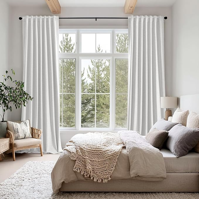 MIULEE 100% Blackout Linen Curtains for Bedroom, Heathered White Solid Luxury Decor Thermal Insulation Room Darkening Drapes for Living Room Nursery Back Tab Rod Pocket 42 x 90 Inches, 2 Panels