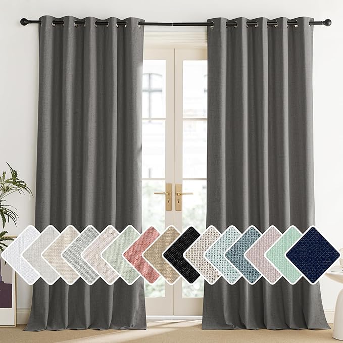 NICETOWN Grizzle Gray Vintage Linen 100% Blackout Curtains for Living Room, Thermal Insulated Curtains 108“ Long, Noise Reducing Window Treatment Drapes for Home Office, 62" Wide Per Panel, Set of 2