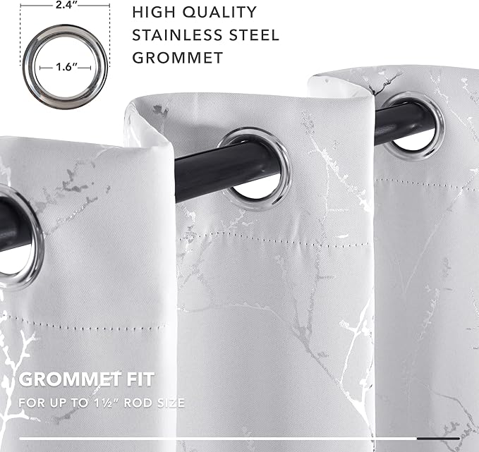 Deconovo Greyish White Curtains, Room Darkening Curtain, Thermal Insulated Soundproof Drapes, Silver Branch Print, 52 x 95 Inch Long, Grommet Window Panels for Living Room Bedroom Nursery, Set of 2