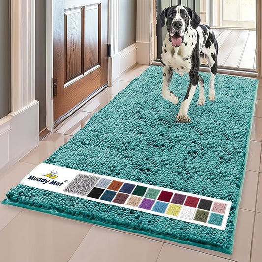 Muddy Mat® | Super Absorbent Door Mat Indoor, Microfiber Quick Dry Chenille Entryway Rug, Non-Slip Front Door Mat, Indoor Mats for Entryway, Machine Washable Pet Rug, Teal 24" x 72"