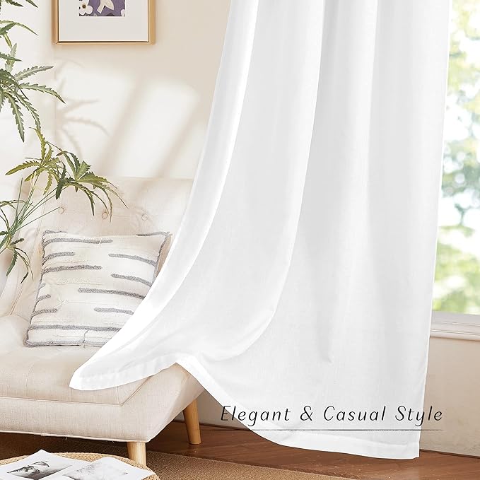 NICETOWN White Linen Curtains 96 inches Long, Grommet Thick Linen Flax Drapes Privacy Added with Light Filtering Room Divider Drapes for Bedroom/Sliding Door, W68 x L96, 2 Panels