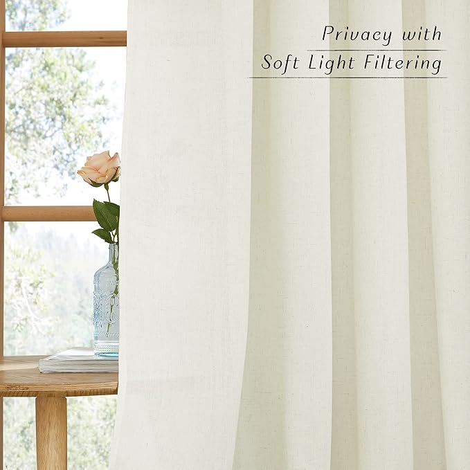 NICETOWN Off White Curtains Linen Blend for Bedroom, Vintage Grommet Thick Flax Semi Sheer Privacy Added Window Treatment Light Filtering for Flat/Apartment, 55" W x 72" L, 2 Panels
