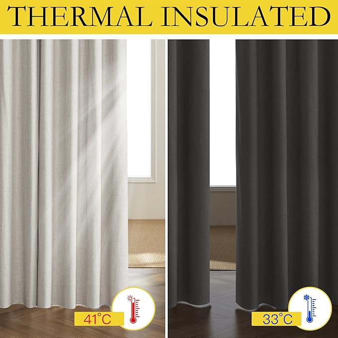 NICETOWN Snowbound Vintage Linen 100% Blackout Curtains for Living Room, Thermal Insulated Curtains 48" Long, Noise Reducing Window Treatment Drapes for Hall Room, 52" Wide Per Panel, Set of 2