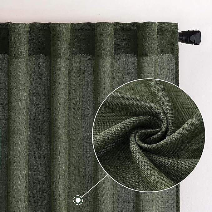 MIULEE Olive Green Linen Curtains 72 Inch Length for Bedroom Living Room, Soft Thick Linen Textured Window Drapes Semi Sheer Light Filtering Back Tab Rod Pocket Burlap Look Christmas Decor, 2 Panels