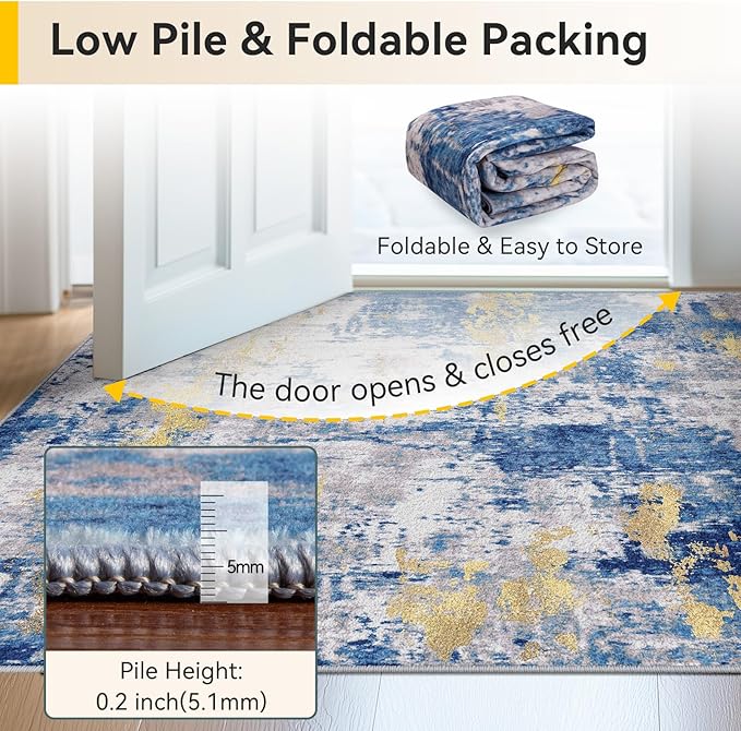 Washable Area Rugs 3'x5' Non-Slip Modern Abstract Soft for Living Room Entryway Bedroom Nursery, Print Pattern, Grey Blue Gold/Golden