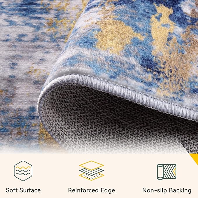 Washable Area Rugs Square 9ft Non-Slip Modern Abstract Soft for Living Room Entryway Bedroom Nursery, Print Pattern, Grey Blue Gold/Golden