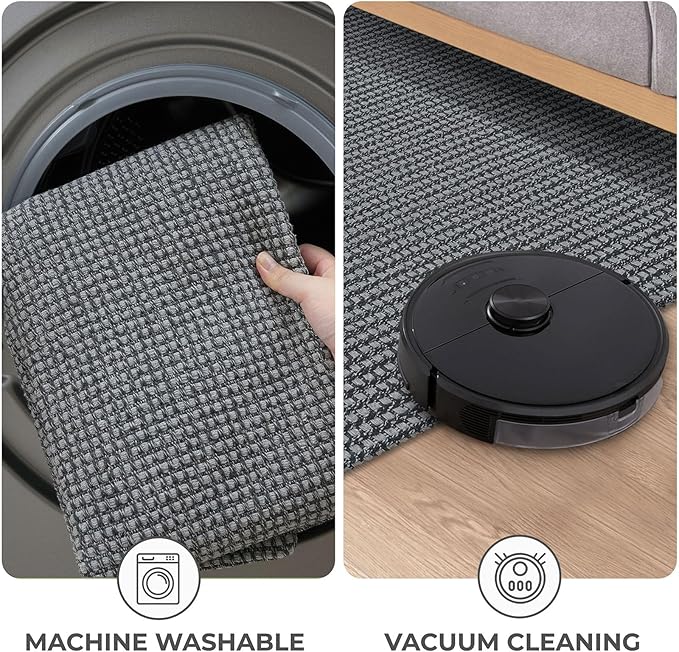 KOZYFLY Extra Long Runners for Hallways 3x14 ft Washable Kitchen Runner Non Slip Rubber Backed Hallway Rug Cotton Entryway Runner Rug Floor Carpet for Indoor Hall, Kitchen, Stair, Grey/Dark Grey