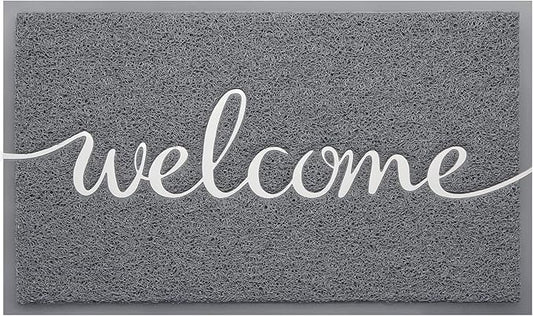 BeneathYourFeet Door Mat, Welcome Mat Low Profile Floor Mat Front Doormat Indoor and Outdoor Doormat Non Slip Rugs for Entryway, Patio, High Traffic Areas (32"x20", Grey-Welcome)
