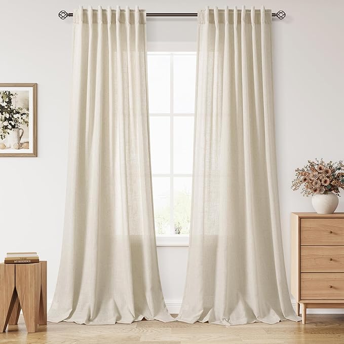 Birch Beige Linen Curtains for Living Room 98 Inches Long Light Filtering Semi Sheer Curtain Back Tab Modern Farmhouse Decor Elegant Luxury Coastal Drapes for Bedroom Dinner Room 52x98, 2 Panels