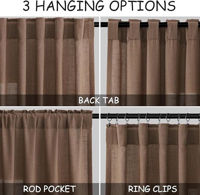 Caramel Brown Linen Curtains for Living Room Extra Long 144 Inches Long Back Tab Light Filtering Semi Sheer Curtain Vintage Rustic Decor Floor to Ceiling High Window for Bedroom 52x144, 2 Panels
