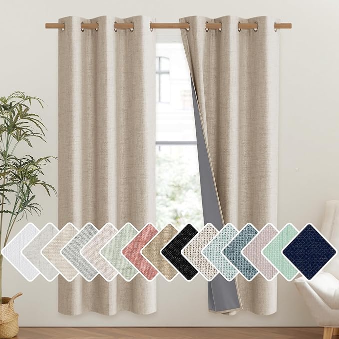 NICETOWN Cream 100% Blackout Linen Curtains 72 inch Long Burg for Classroom, 1 Pair, 42" Width Each Panel, Farmhouse Thick Completely Blackout Window Treatment Thermal Insulated Drapes