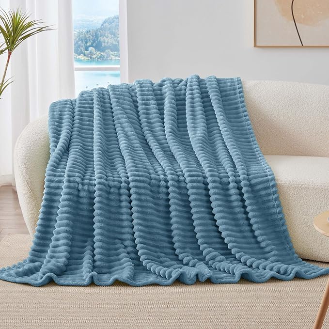 BEDELITE Fleece Blue Throw Blanket for Couch - 300GSM Soft & Warm Fluffy Blue Blanket, Decorative and Giftable Striped Blankets for Women, Men, 50"x60"