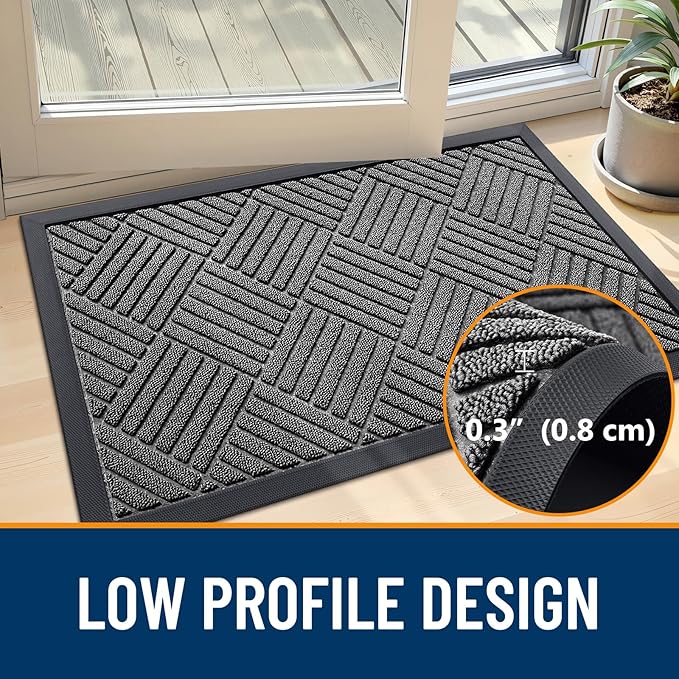 OLANLY Front Door Mat Outside Entrance 59x34, Absorbent, Heavy Duty Sturdy Natural Rubber Doormat Indoor Outdoor, Stain and Fade Resistant, Non-Slip Low Profile Floor Mat for Entryway, Grey Diamond