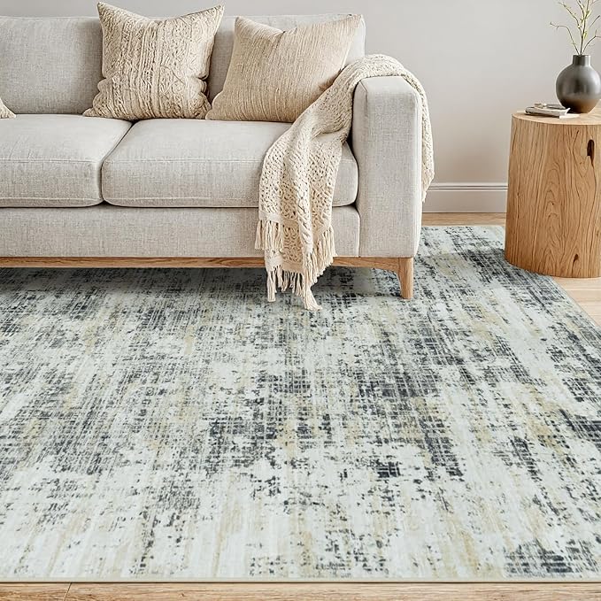 10x12 Area Rugs for Living Room Washable Rug: Anti-Skid Abstract Modern Living Room Rug Soft Thin Carpets Indoor Floor Non-Shedding Carpet for Bedroom Dining Farmhouse Nursery Black Gray Gold