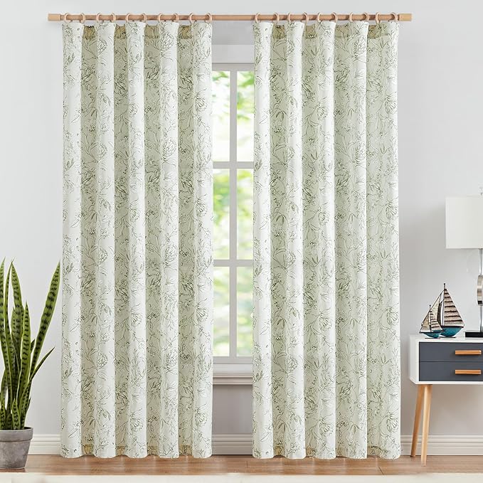 jinchan Floral Curtains 84 Inches Long Sage Green Flower Linen Farmhouse Curtain for Living Room French Country Vintage Curtain Rod Pocket Curtains Set 2 Panels Floral Printed