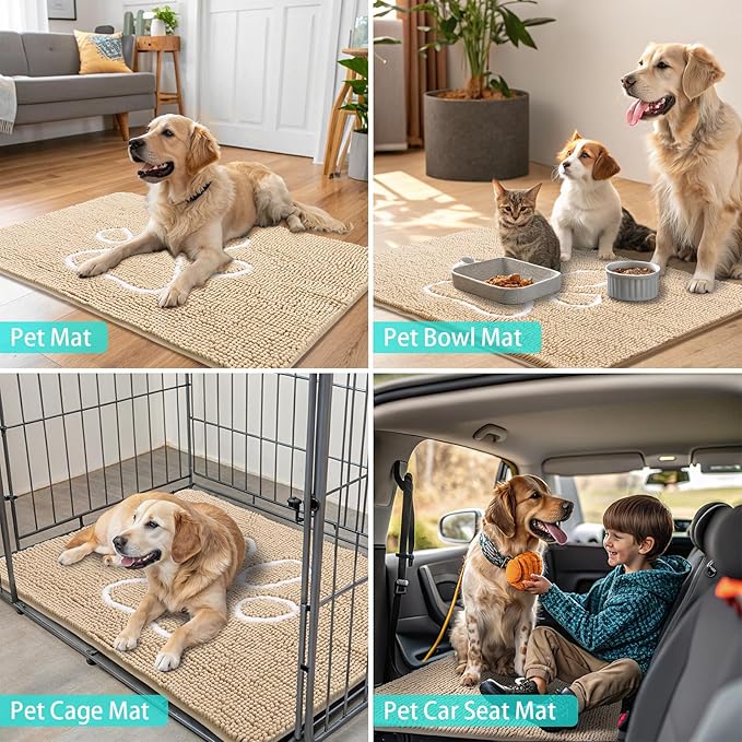 Smiry Dog Door Mat for Muddy Paws, Absorbent Dirt Trapper Non Slip Quick Dry Washable Chenille Mat for Mud Dogs, Entry Rug for Indoor and Outdoor (54x24 Inches, Beige and White)