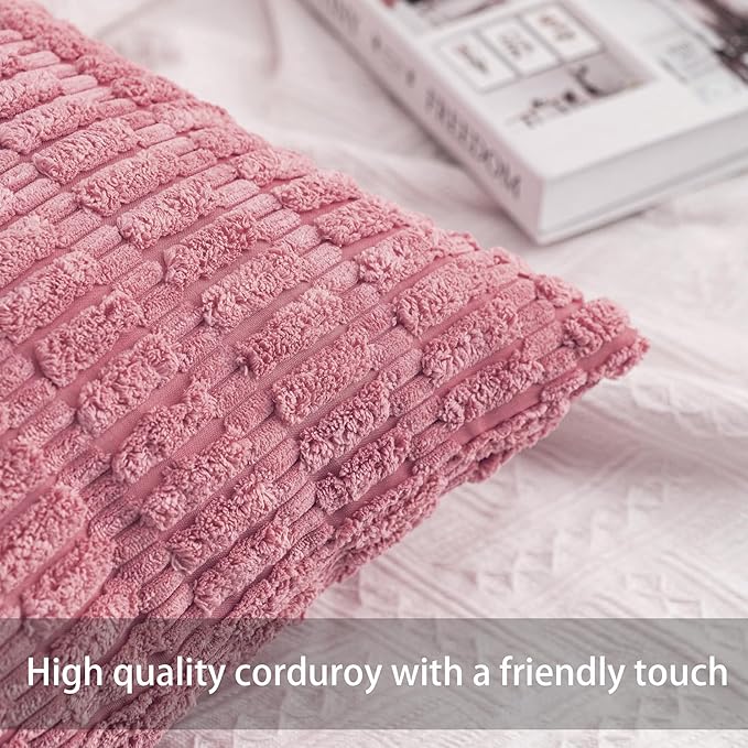 Pack of 2 Corduroy Decorative Throw Pillow Covers 18x18 Inch Soft Striped Pillow Covers Modern Farmhouse Home Decor for Sofa Living Room Couch Bed（Peach Pink）