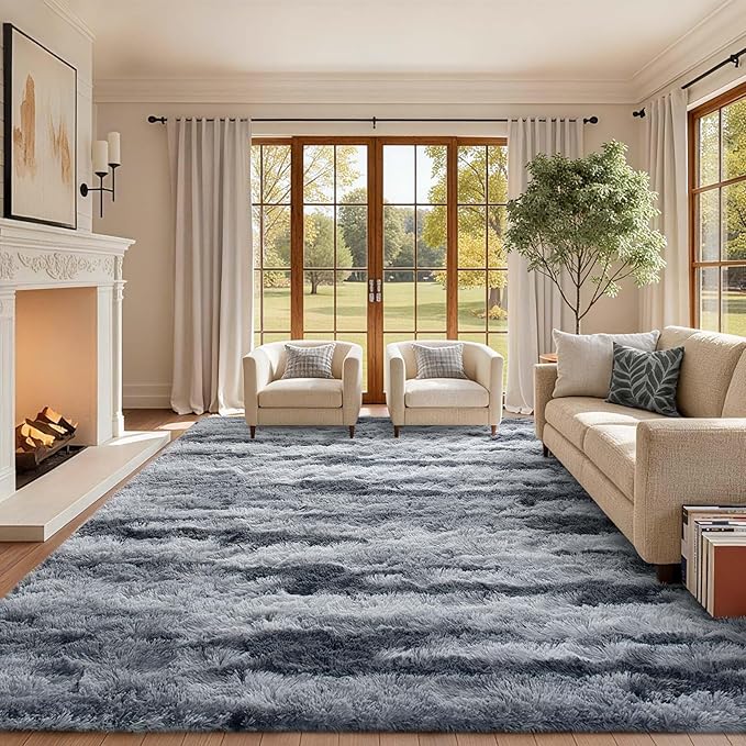 8x10 Ft Extra Large Shag Rugs for Living Room, Tie Dyed Ultra Soft Fluffy Furry Area Rugs for Bedroom Indoor Floor, Aesthetic Carpet for Kids Home Decor (Grey)