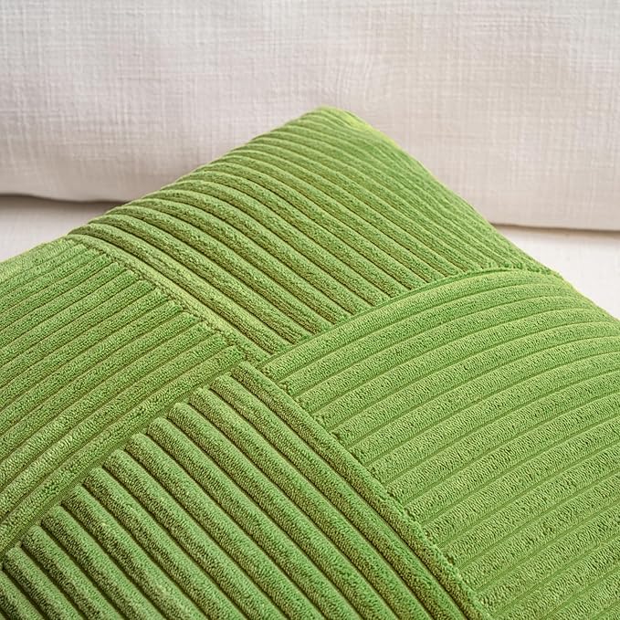 Fancy Homi Set of 2 Lime Green Decorative Throw Pillow Covers 18x18 Inch with for Couch Bed Sofa Living Room, Soft Cross Patchwork Striped Corduroy Modern Square Cushion Case 45x45 cm