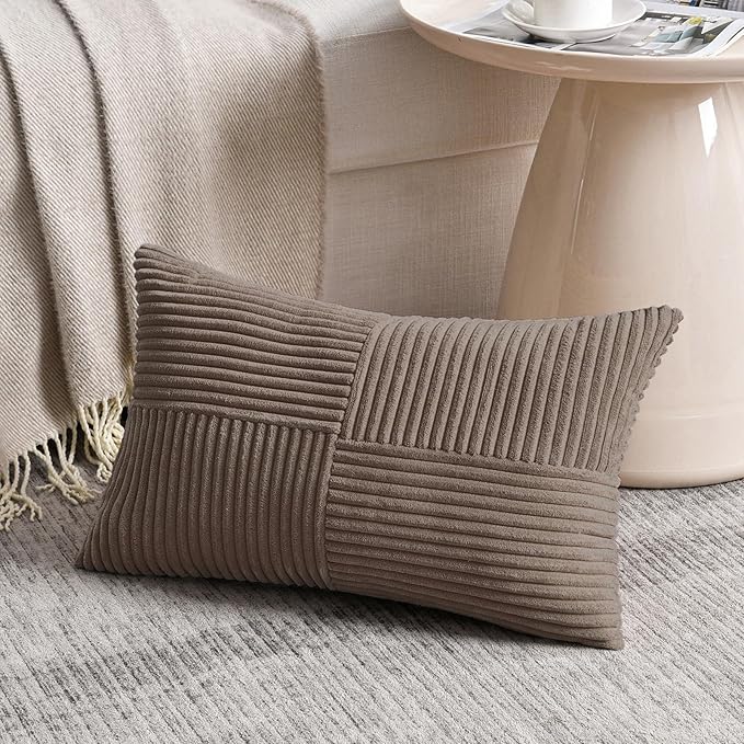 Fancy Homi Set of 2, Light Brown Patchwork Corduroy Decorative Soft Striped Modern Accent Cushion Case Farmhouse Boho Neutral Throw Pillow Covers for Chair Couch Bed Sofa Living Room 32x16 Inch