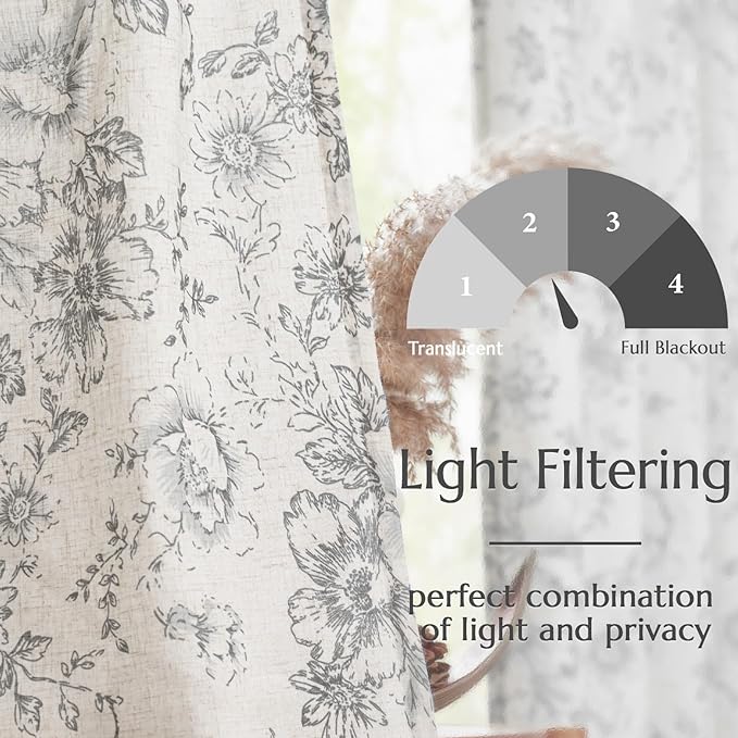 jinchan Linen Blend Curtain Floral Curtains for Living Room 45 Inch Length Grey Printed Curtain Rod Pocket Back Tab Farmhouse Peony Flower Patterned Drapes Bedroom Window Curtains Set 2 Panels