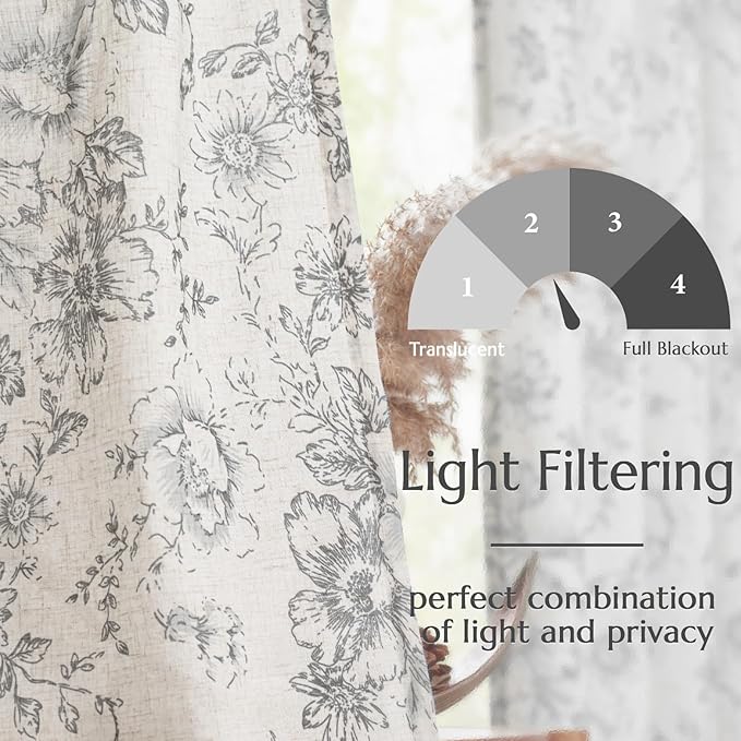 jinchan Linen Blend Curtain Floral Curtains for Living Room 63 Inch Length Grey Printed Curtain Rod Pocket Back Tab Farmhouse Peony Flower Patterned Drapes Bedroom Window Curtains Set 2 Panels