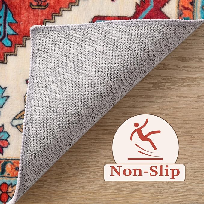 SERISSA 7x9 Area Rugs for Living Room, Large Washable Non-Slip Boho Rug, Ultra Soft Vintage Orange Oriental Tribal Print Distressed Carpet for Dining Room Bedroom Dorm Office Home Decor