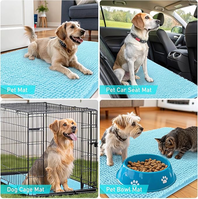 OLANLY Dog Door Mat for Muddy Paws 59x24, Absorbs Moisture and Dirt, Absorbent Non-Slip Washable Doormat, Quick Dry Chenille Mud Mat for Dogs, Entry Indoor Entryway Carpet for Inside Floor, Blue