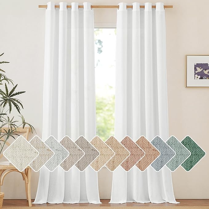NICETOWN White Linen Curtains 102 inches Long for Bedroom, Grommet Privacy Added with Light Filtering Thick Flax Linen Burlap Window Treatments for Living Room, W55 x L102, 2 Panels