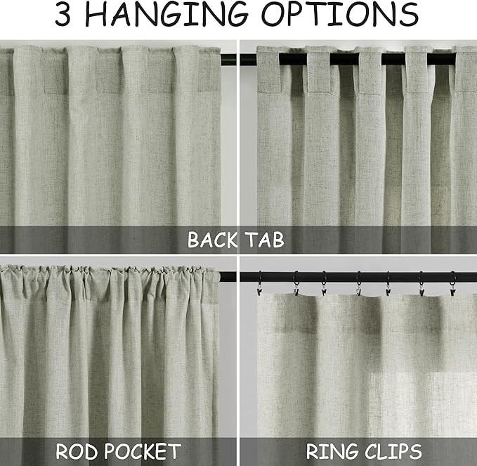Sage Green Curtains 96 inches Long 2 panels for Living Room Back Tab Rod Pocket Semi Sheer Linen Draperies Muted Neutral Room Decor Earth Tone Pale Green Curtains 96 inch Length for Diningroom