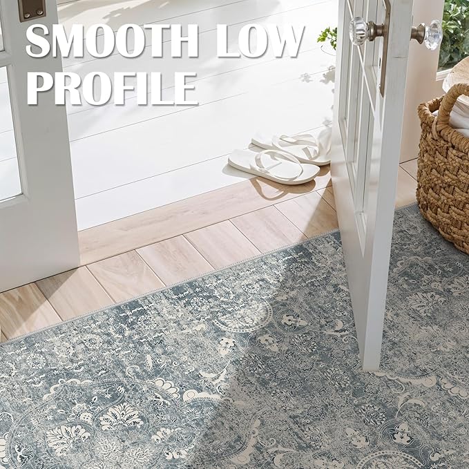 3x6 Washable Hallway Runner Rug - Non Slip Kitchen Runner Rugs with Rubber Backing Vintage Low-Pile Carpet Runners for Entryway Dining Room Laundry Room Home Decor (Blue)